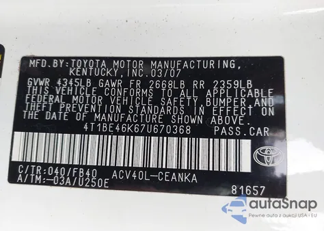 2007 Toyota Camry Le z USA, uszkodzony, nr VIN 4T1BE46K67U670368